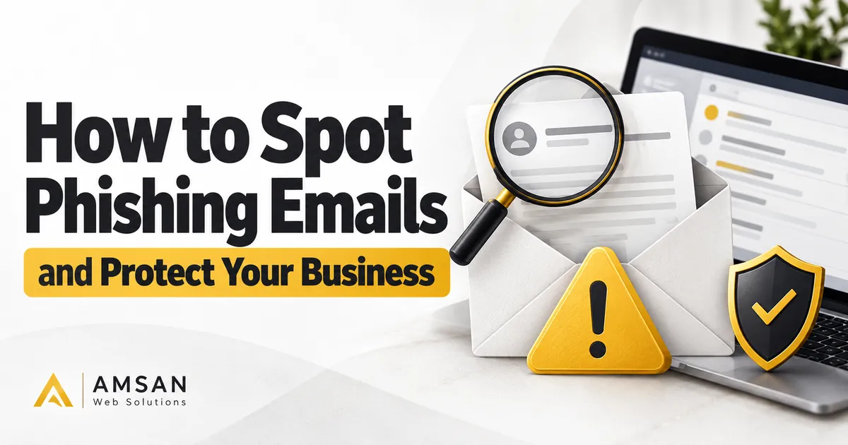 Magnifying glass inspecting an email beside a warning symbol and security shield.