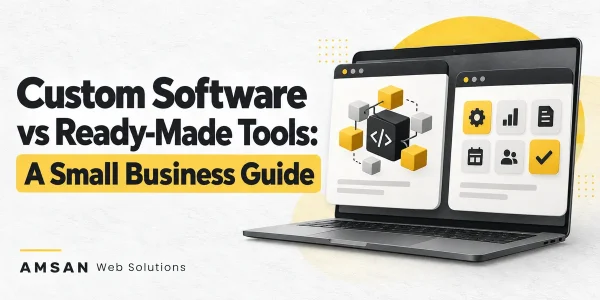 Laptop showing custom software building blocks beside ready-made business application tools.
