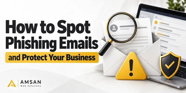 Magnifying glass inspecting an email beside a warning symbol and security shield.
