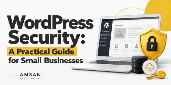 Laptop displaying a WordPress dashboard beside a gold security shield, backup symbol and key.